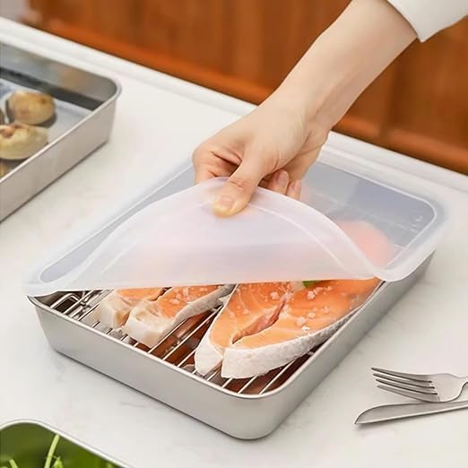 Stainless Steel Storage Plate,Non Stick Baking Pan Food Storage Box with Cover Pan