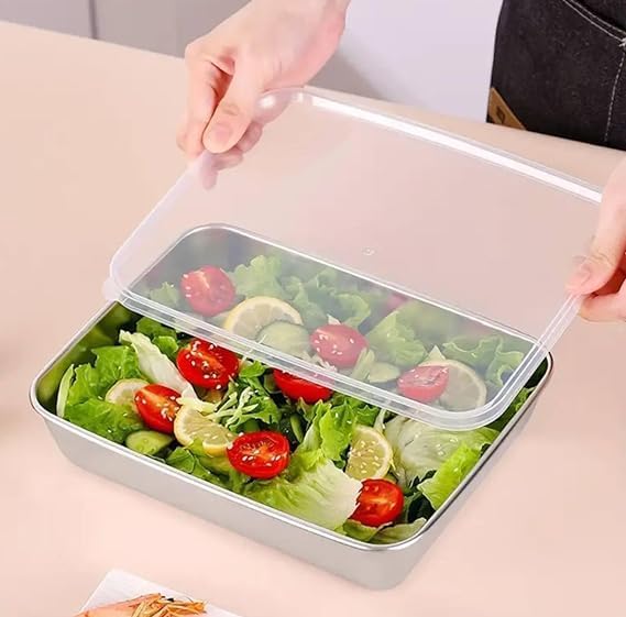 Stainless Steel Storage Plate,Non Stick Baking Pan Food Storage Box with Cover Pan