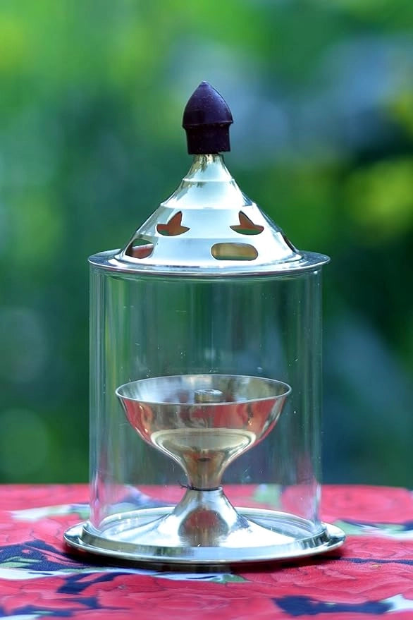 Brass and Glass Akhand Deep Diya with Cover for Puja